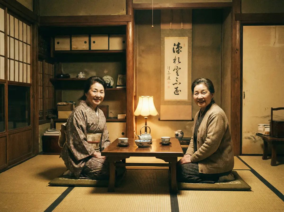 两位优雅的 乔乔子 在日式茶室中品茶交谈